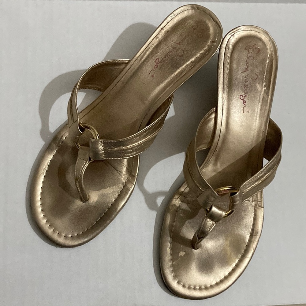 Lilly Pulitzer metallic low wedge sandals